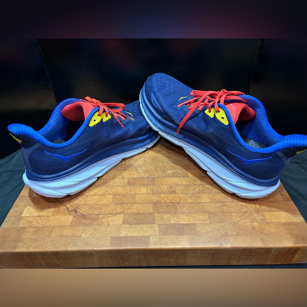 Hoka One One Blue Sneakers with Red and Yellow Accents Clifton 9